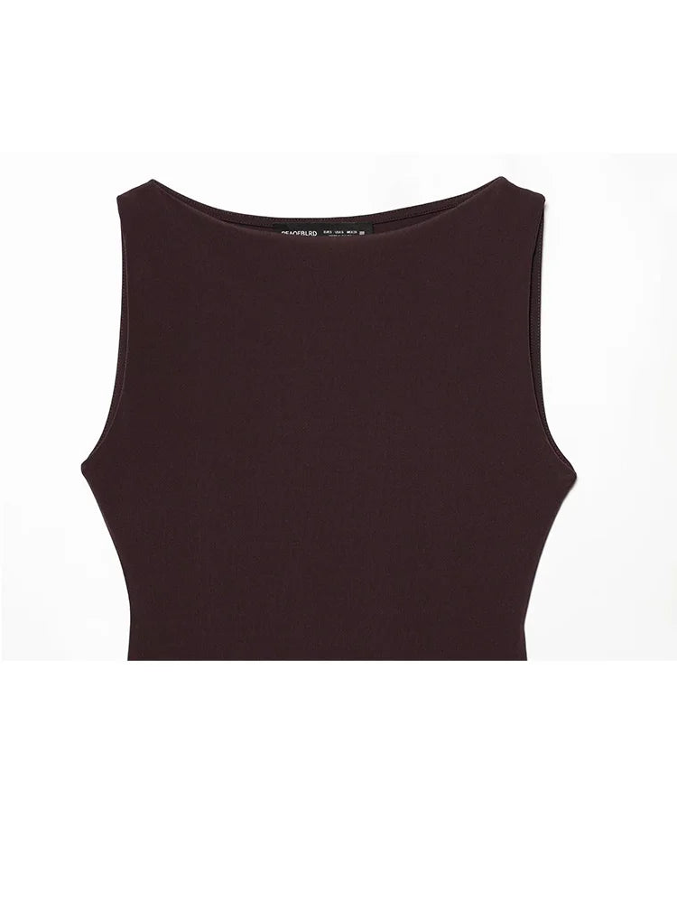 Damen Kleid Ärmellos Rundhals Tiefe Taille Kleid | Maxi
