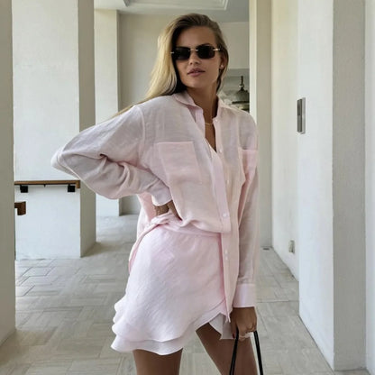Ensemble deux pièces pour femmes | Coupe régulière | Chemise à manches longues et mini-jupe | Style décontracté estival