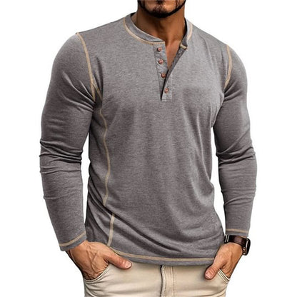 Herren Langarm Henley Shirt mit Knopfausschnitt Kontrastnähten | Freizeit