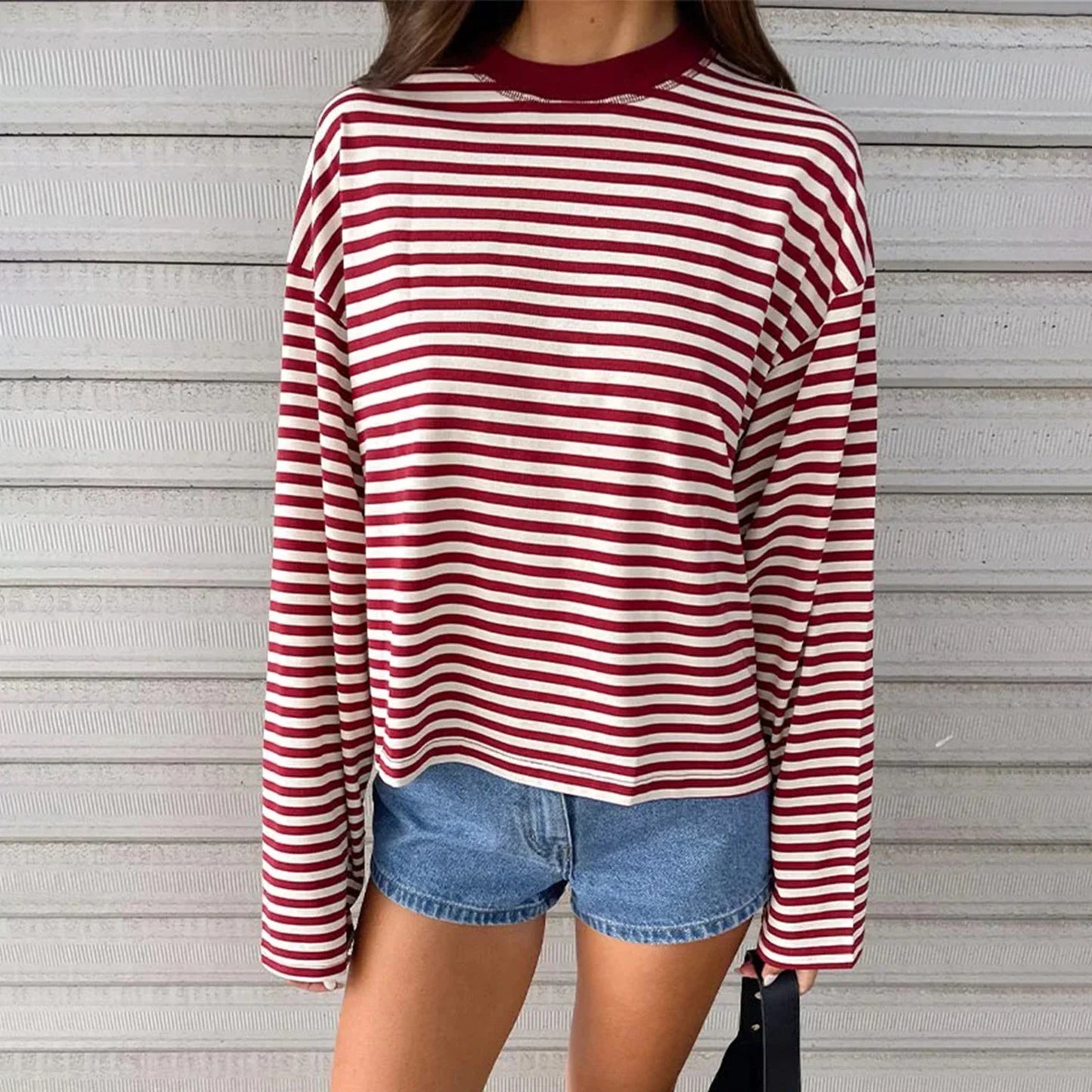 Damen Langarm Sweatshirt mit Streifen Oversize Rundhalsausschnitt | Gestreift