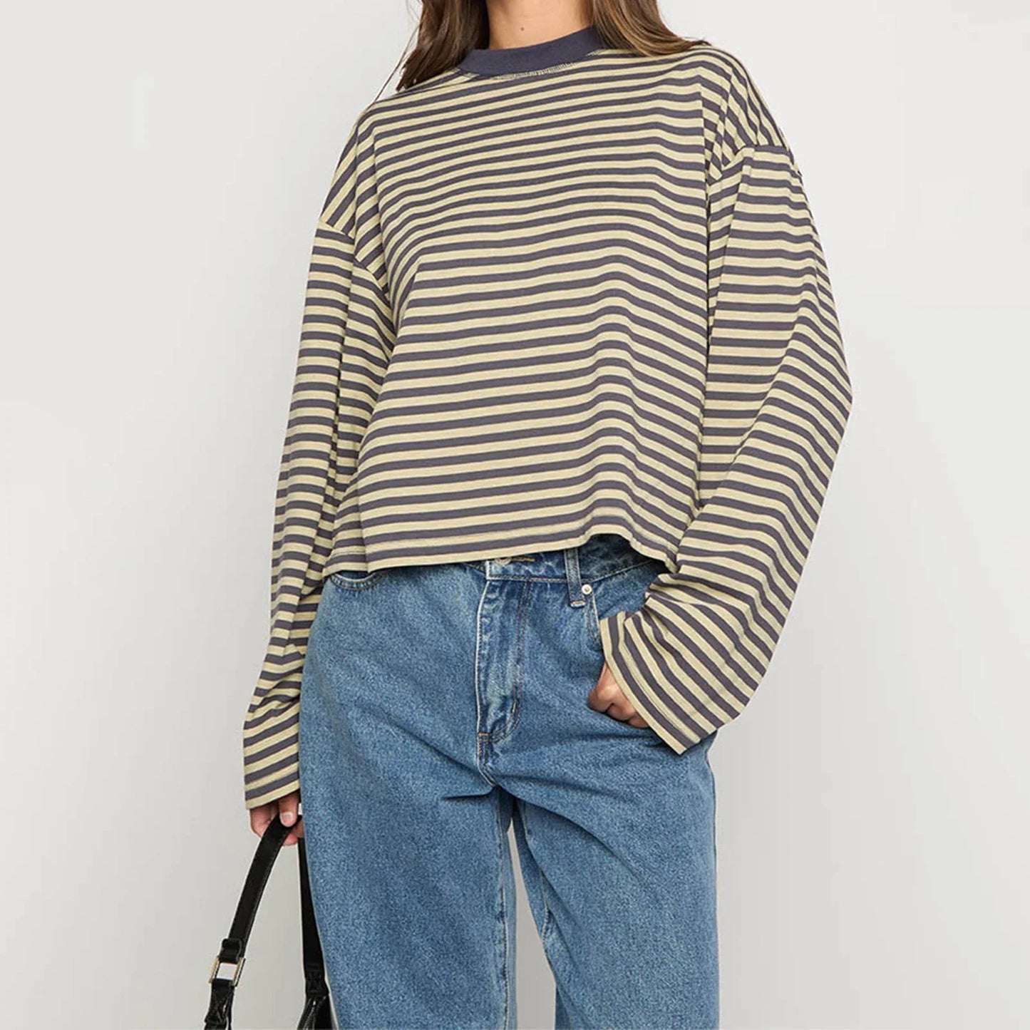 Damen Langarm Sweatshirt mit Streifen Oversize Rundhalsausschnitt | Gestreift