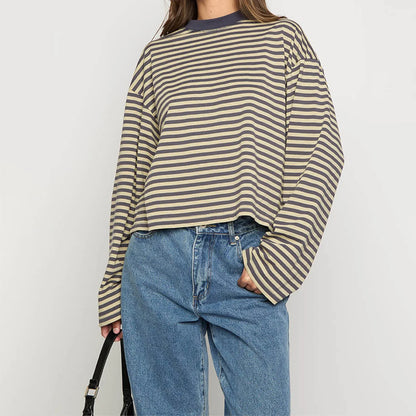 Damen Langarm Sweatshirt mit Streifen Oversize Rundhalsausschnitt | Gestreift