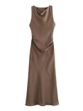 Damen Kleid Ärmellos Rundhals Geraffte Taille Kleid | Midi