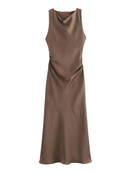 Damen Kleid Ärmellos Rundhals Geraffte Taille Kleid | Midi
