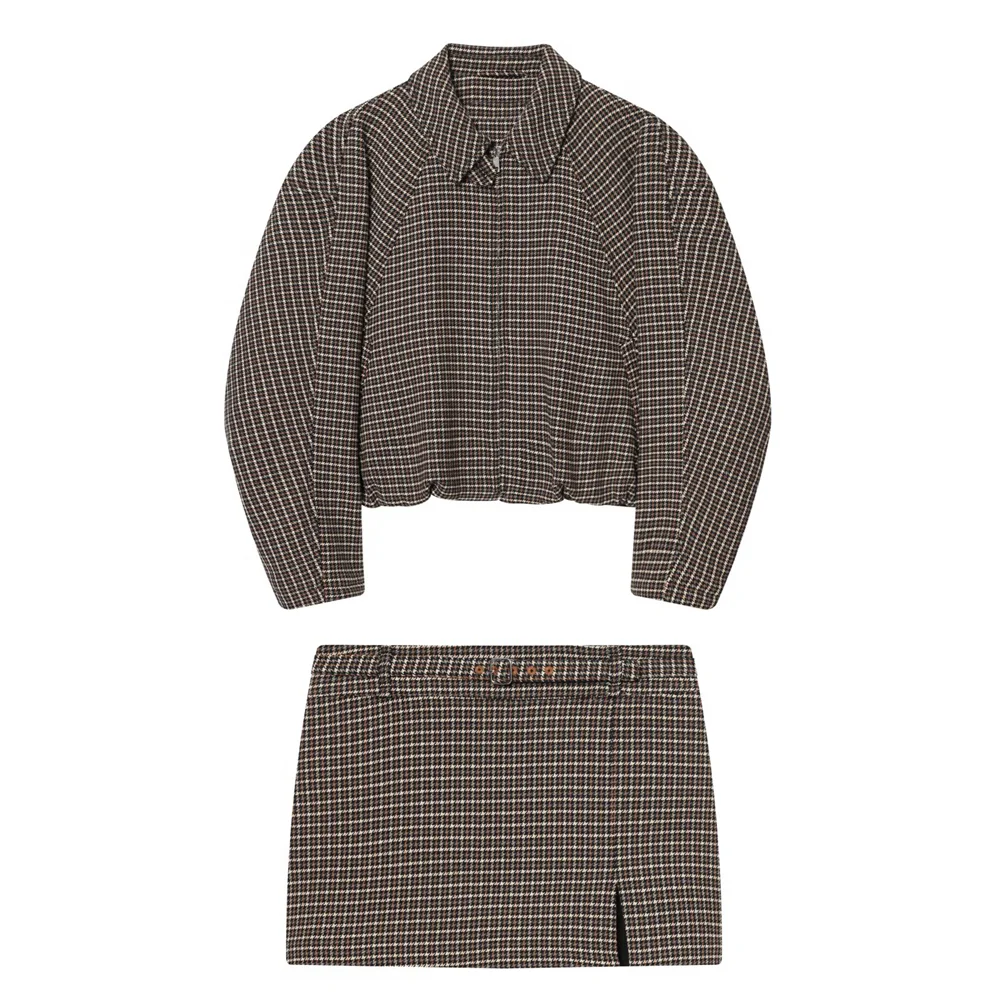 Damen Rock Set | Zweiteiliges Outfit mit Karomuster | Minirock mit Schlitz | Moderner Vintage Look