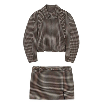 Damen Rock Set | Zweiteiliges Outfit mit Karomuster | Minirock mit Schlitz | Moderner Vintage Look