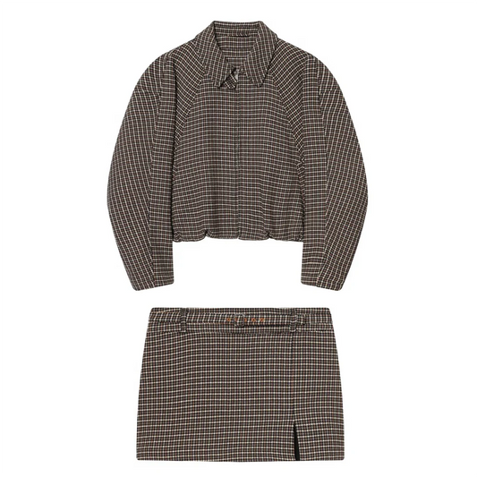 Damen Rock Set | Zweiteiliges Outfit mit Karomuster | Minirock mit Schlitz | Moderner Vintage Look