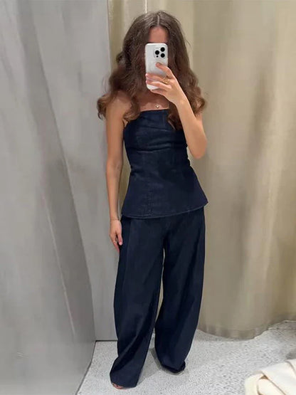 Dámská dvoudílná souprava | Regular fit | Bandeau peplum top a široké kalhoty | Moderní minimalistický styl
