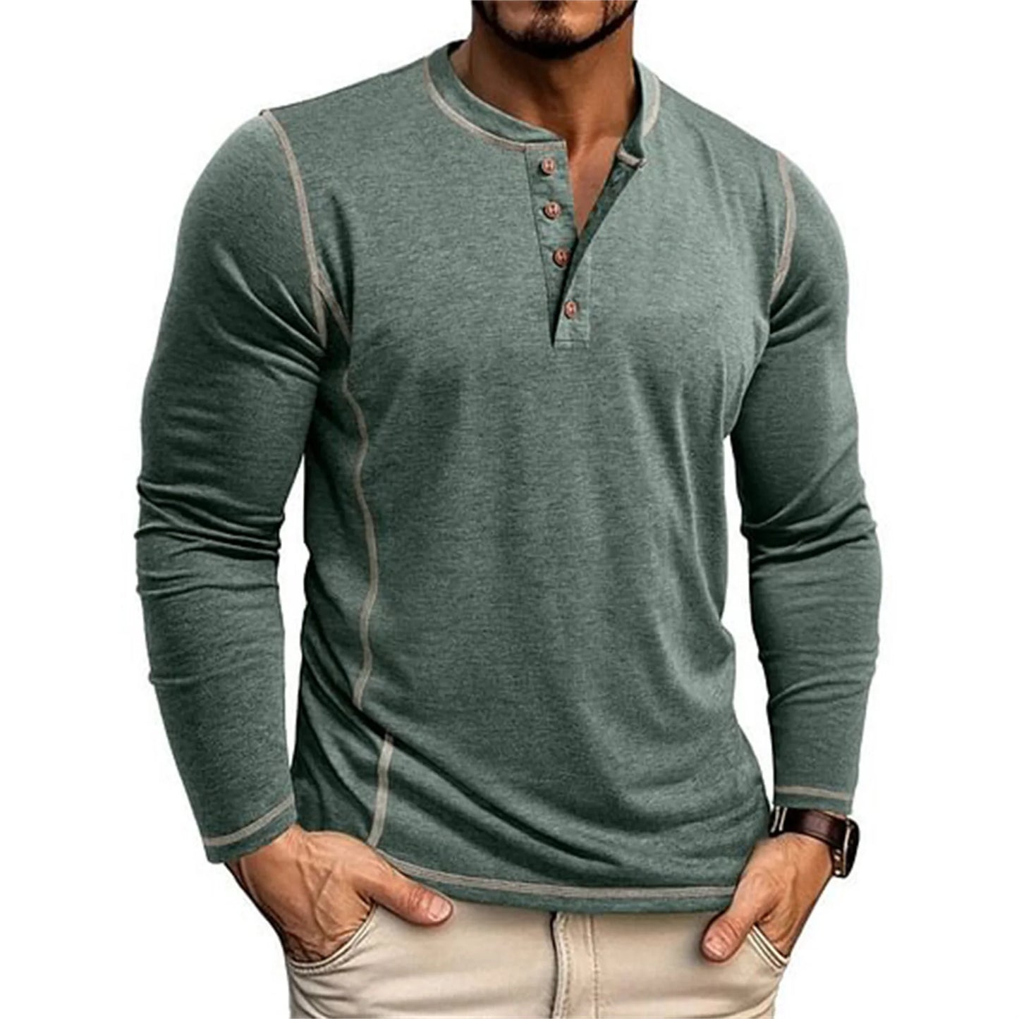 Herren Langarm Henley Shirt mit Knopfausschnitt Kontrastnähten | Freizeit