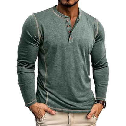 Herren Langarm Henley Shirt mit Knopfausschnitt Kontrastnähten | Freizeit