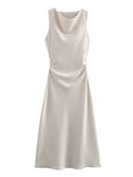 Damen Kleid Ärmellos Rundhals Geraffte Taille Kleid | Midi