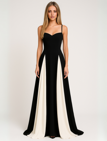 Robe longue femme | Coupe ajustée avec bretelles spaghetti | Design contrasté | Look élégant pour les occasions