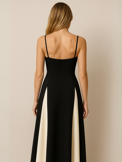 Robe longue femme | Coupe ajustée avec bretelles spaghetti | Design contrasté | Look élégant pour les occasions