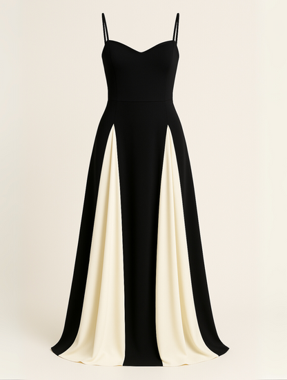 Robe longue femme | Coupe ajustée avec bretelles spaghetti | Design contrasté | Look élégant pour les occasions