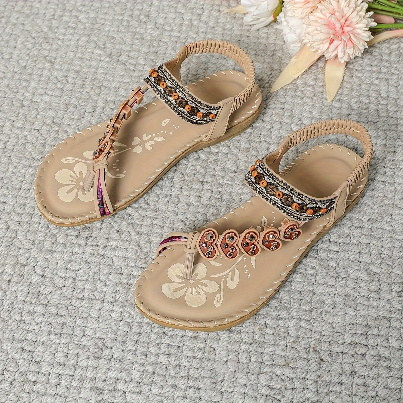 Damen Boho Sandalen Perlen Riemen Offene Zehen Flache Sandalen | Zehenring