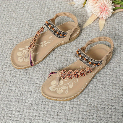 Damen Boho Sandalen Perlen Riemen Offene Zehen Flache Sandalen | Zehenring