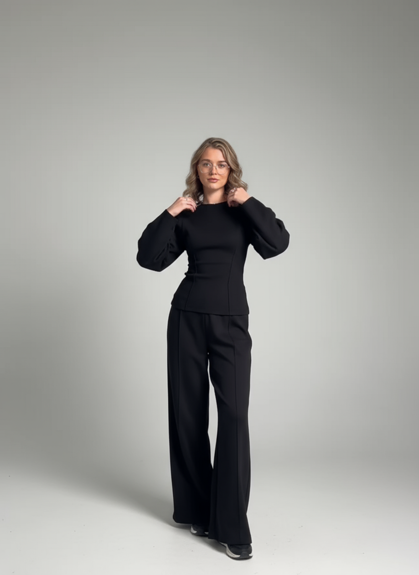 Damen Kombi-Set | Langarmoberteil und Weit Geschnittene Hose | Mühelose Eleganz für den Alltag