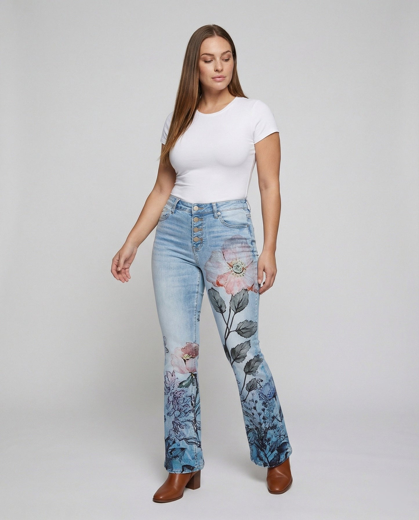 Damen Schmale Passform Hose mit Hoher Taille | Blumenprint