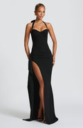 Damen Neckholder Maxi Kleid | Gerüschtes Hoher Schlitz Abendkleid