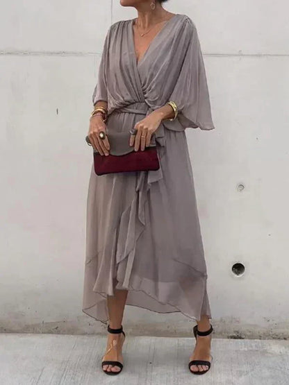 Damen Maxikleid | Wickeloptik und V-Ausschnitt | Eleganter Stil für Jeden Tag
