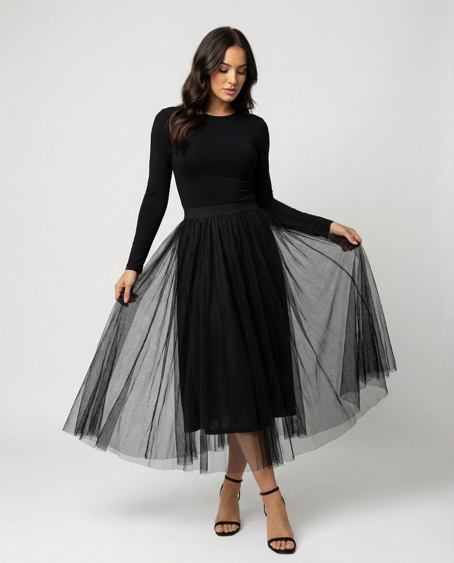 Damen Langarm Enganliegendes Midi Kleid | Transparenter Rock