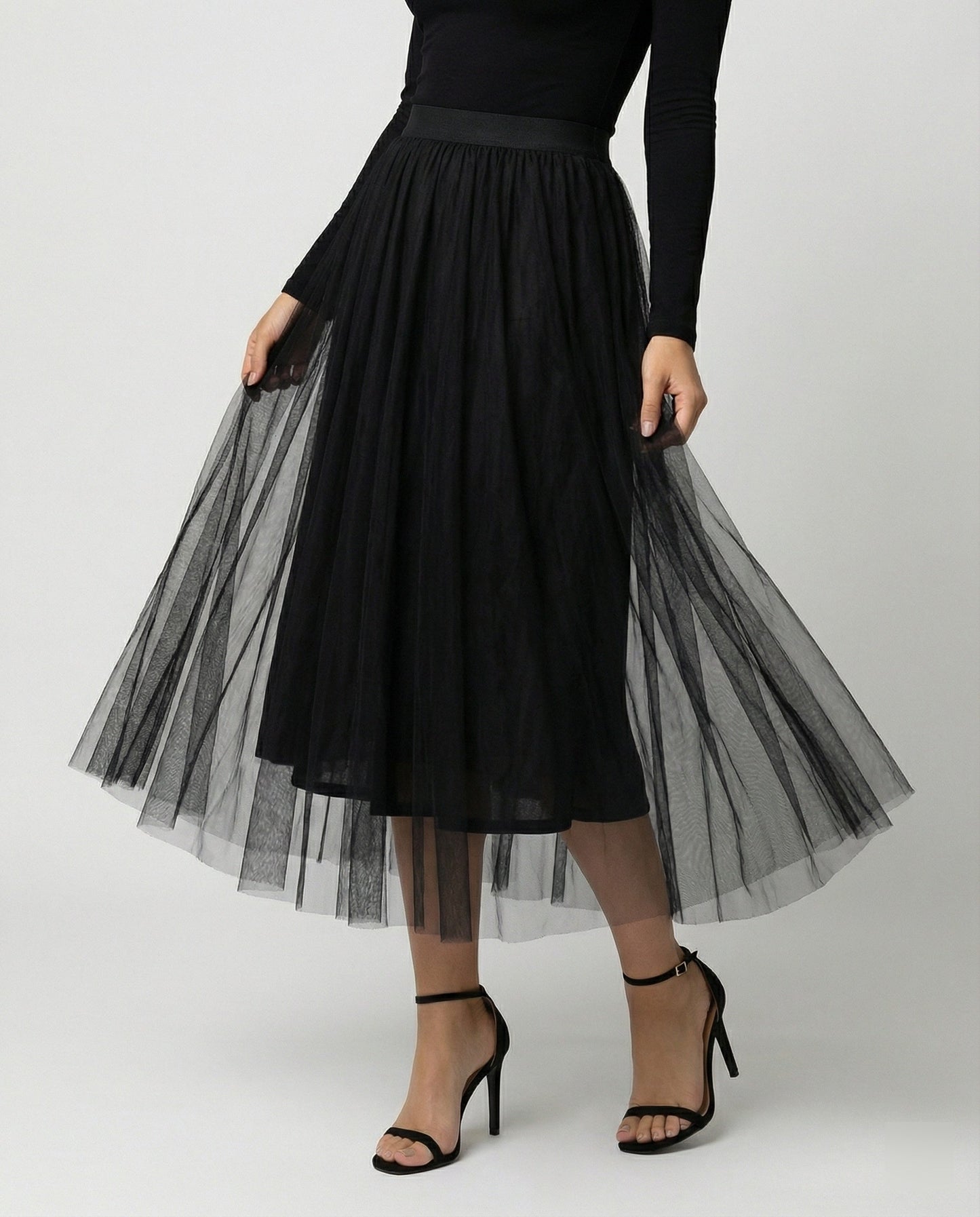 Damen Langarm Enganliegendes Midi Kleid | Transparenter Rock