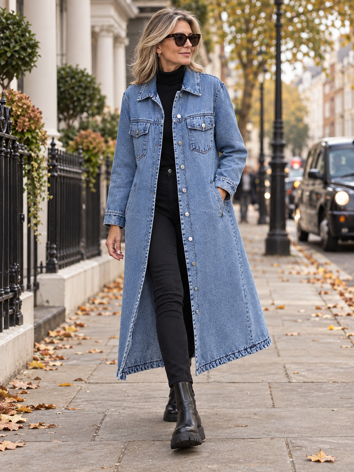 Maya | Women's Longline Denim Coat with Flared Silhouette