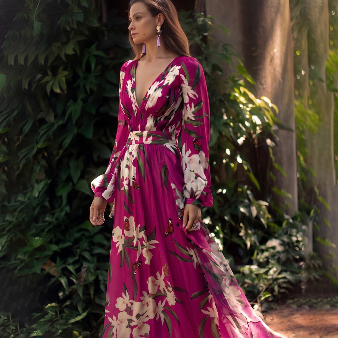 Dámské maxi šaty | Květinový vzor a plynulá silueta | Elegantní styl pro zvláštní příležitosti