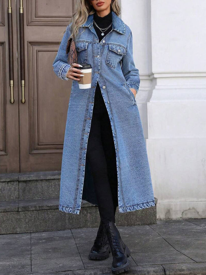 Maya | Women's Longline Denim Coat with Flared Silhouette