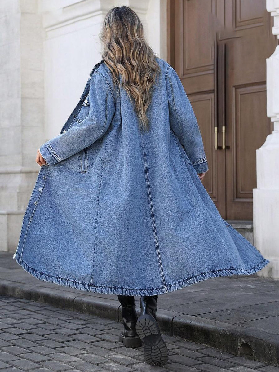 Maya | Women's Longline Denim Coat with Flared Silhouette