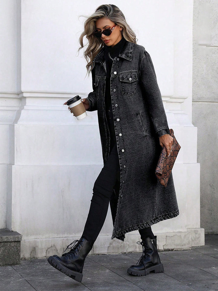 Maya | Women's Longline Denim Coat with Flared Silhouette