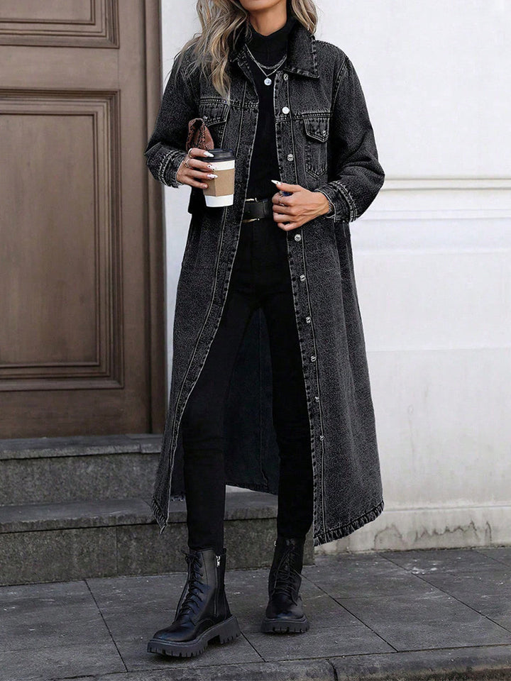 Maya | Women's Longline Denim Coat with Flared Silhouette