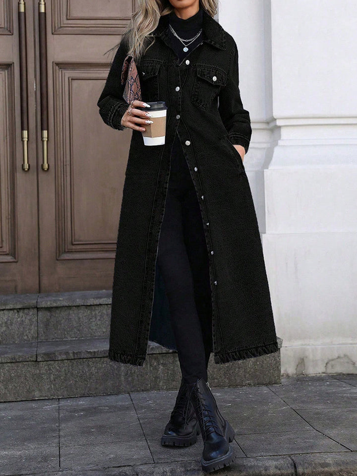 Maya | Women's Longline Denim Coat with Flared Silhouette