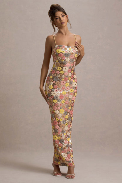 Damen Ärmelloses Kleid Mit Blumenmuster Eckigem Ausschnitt | Lang