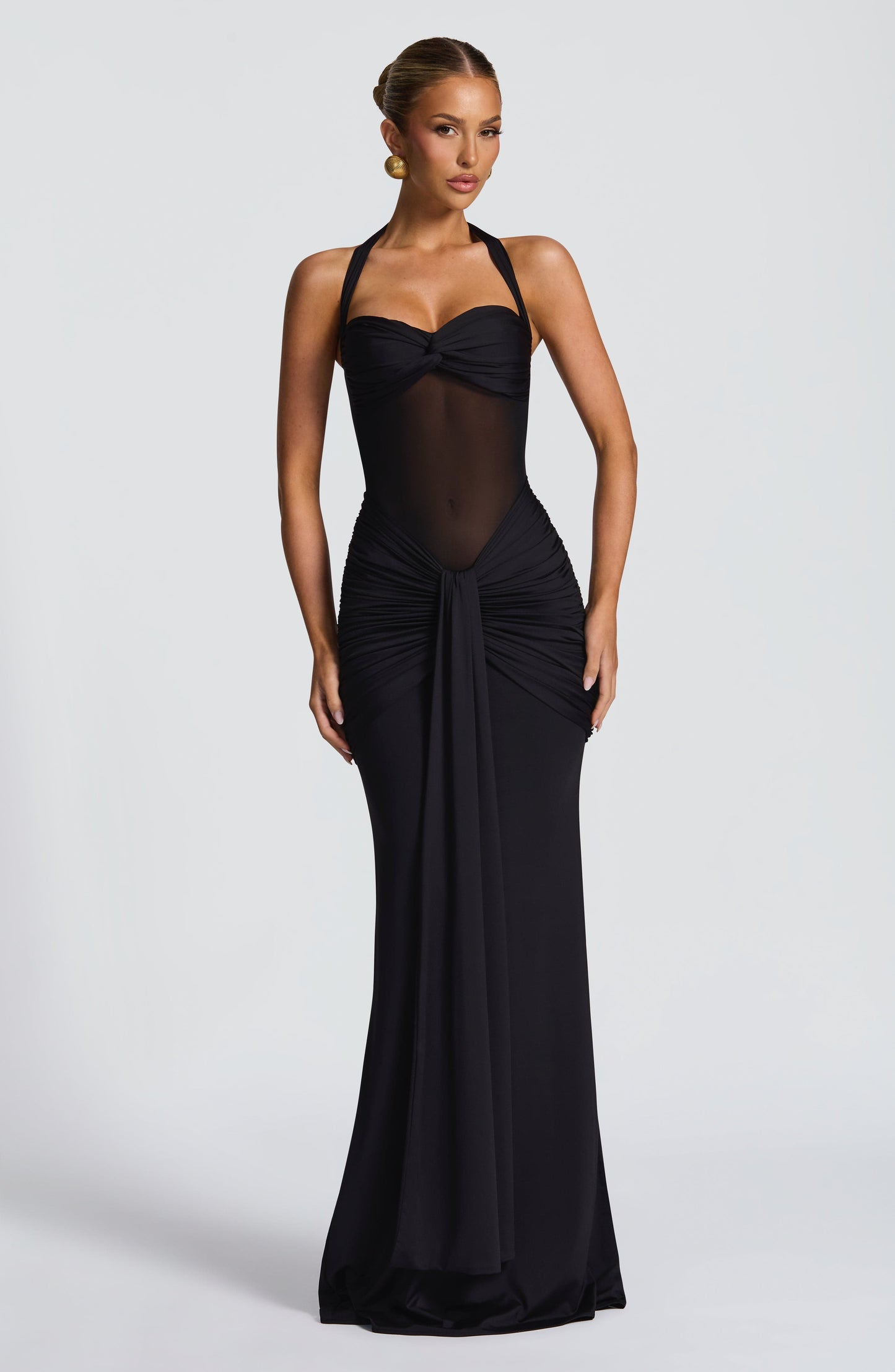Damen Transparent Einsatz Maxi Kleid | Neckholder Drapiertes Bodycon Kleid