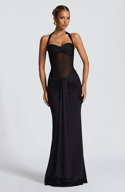 Damen Transparent Einsatz Maxi Kleid | Neckholder Drapiertes Bodycon Kleid