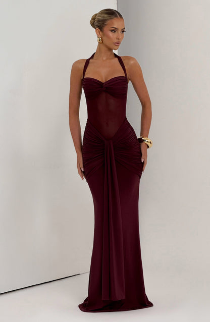 Damen Transparent Einsatz Maxi Kleid | Neckholder Drapiertes Bodycon Kleid