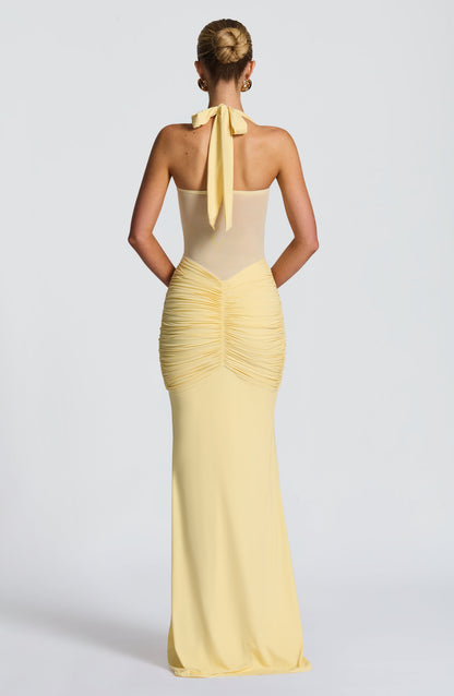 Damen Transparent Einsatz Maxi Kleid | Neckholder Drapiertes Bodycon Kleid