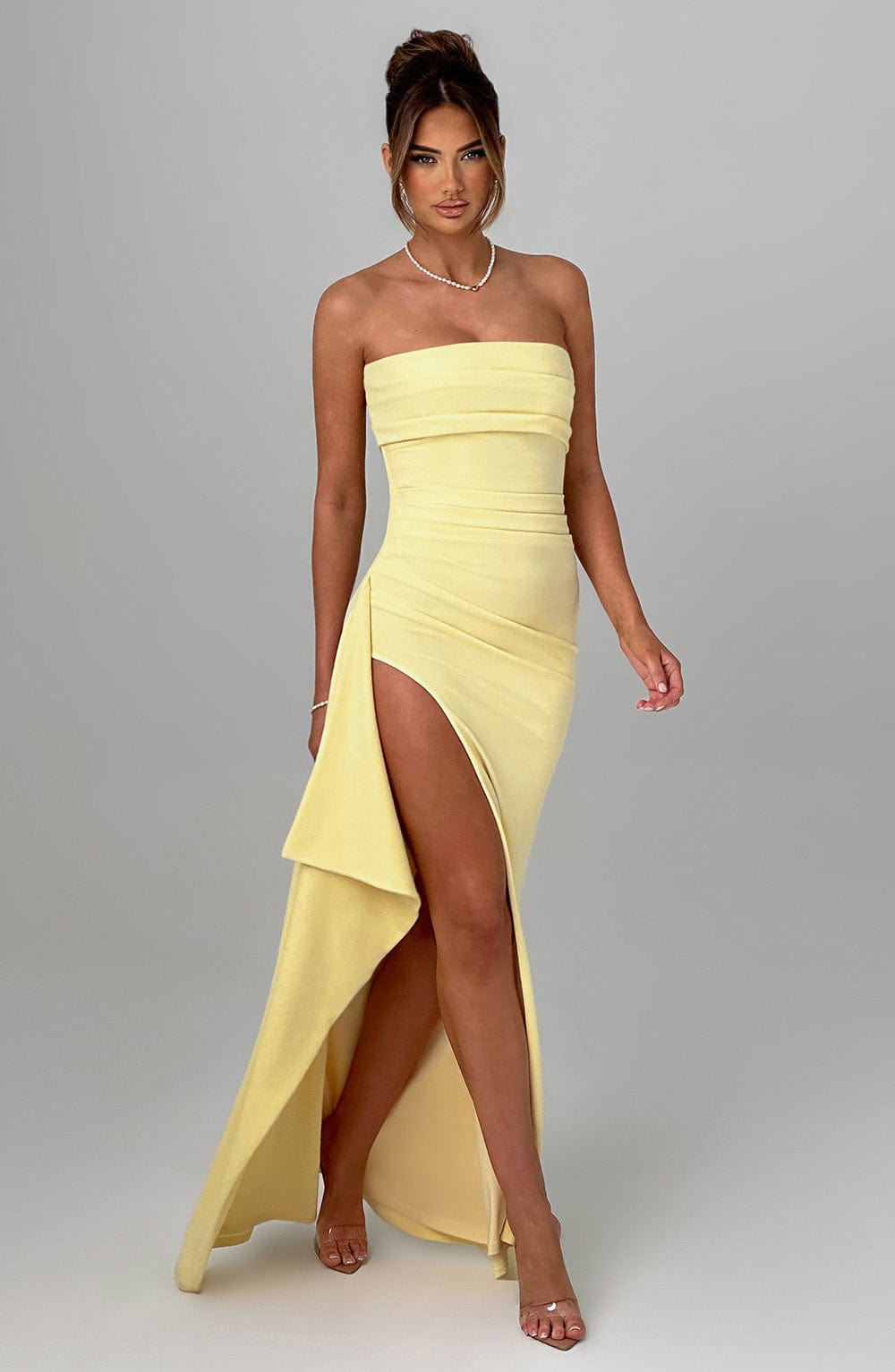 Damen Kleid Mit Bardot Ausschnitt Asymmetrischem Schnitt Hohem Schlitz | Lang