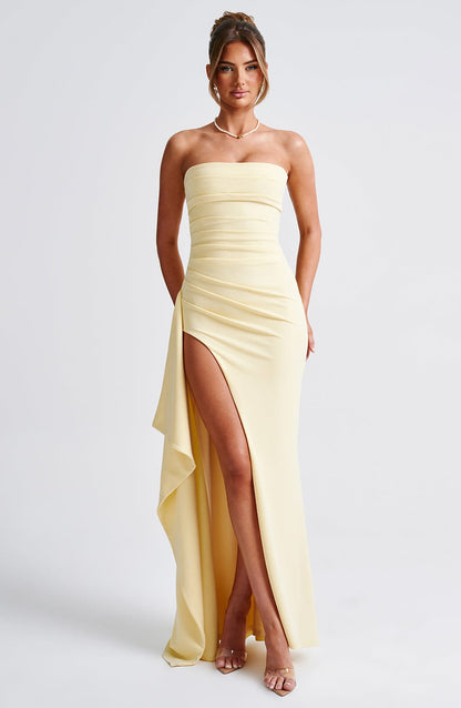 Damen Kleid Mit Bardot Ausschnitt Asymmetrischem Schnitt Hohem Schlitz | Lang