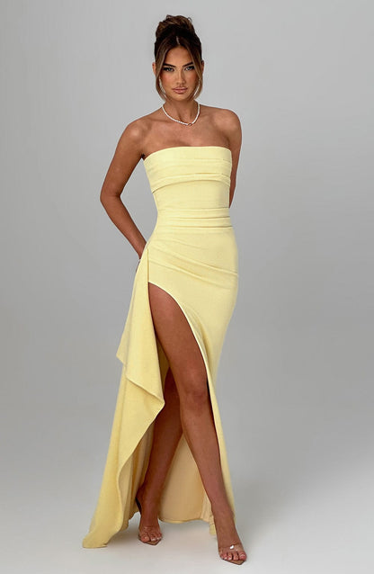 Damen Kleid Mit Bardot Ausschnitt Asymmetrischem Schnitt Hohem Schlitz | Lang